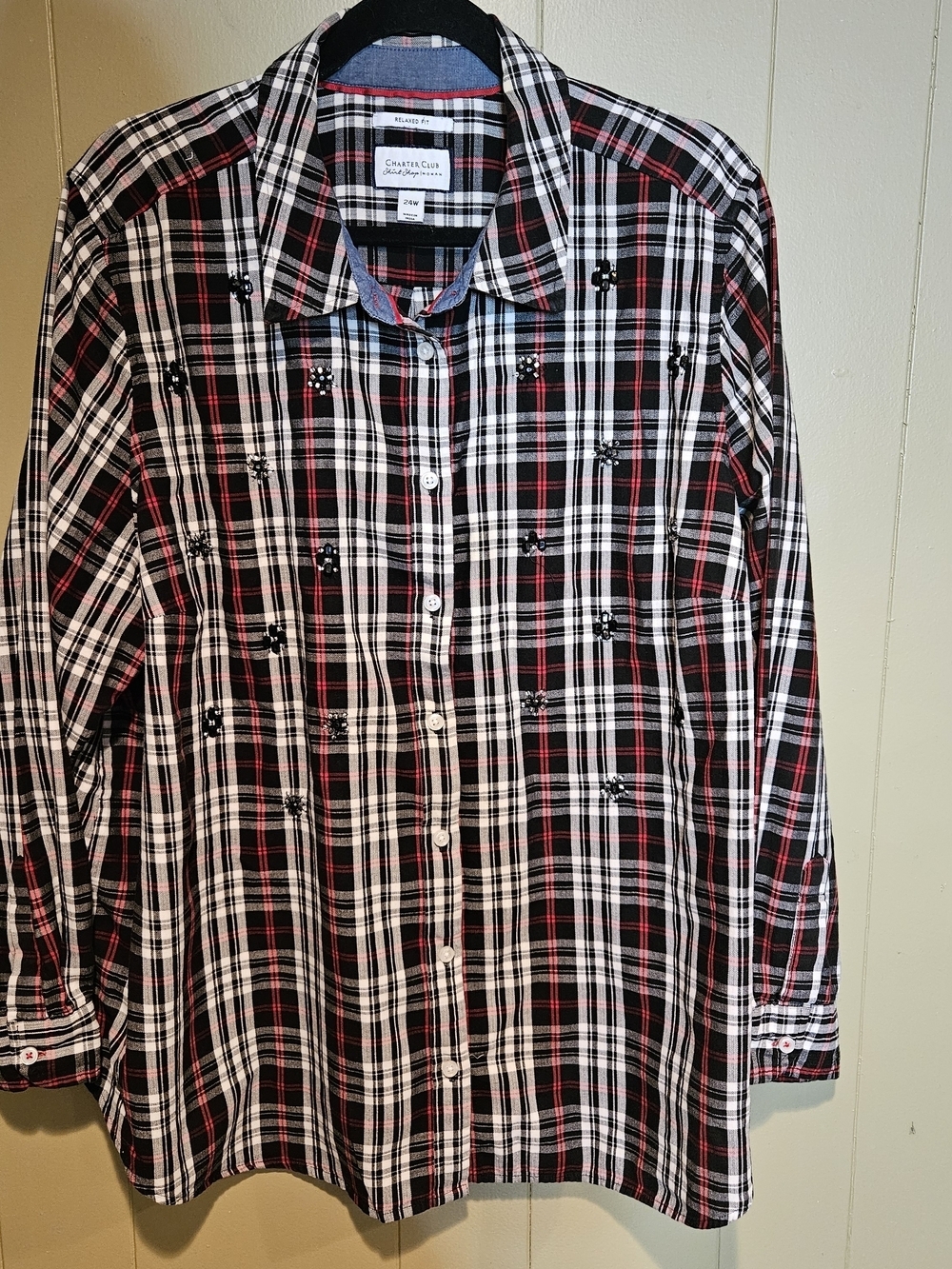 Charter Club Black White Red Plaid Button Down Shirt 24W Plus Size Cotton Blouse